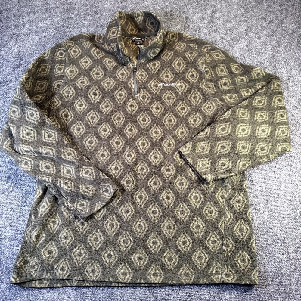 Eddie Bauer Fleece Pullover Mens Large Olive Green Geometric Diamond Quarter Zip